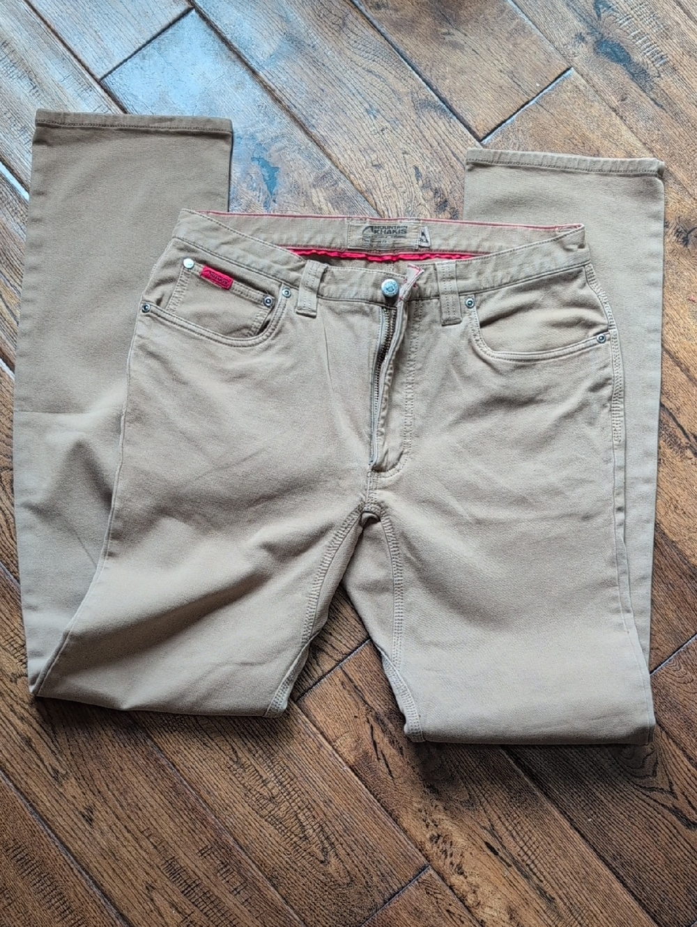 Mountain Khakis Men's Slim Straight Jeans in Tan with Red Trim